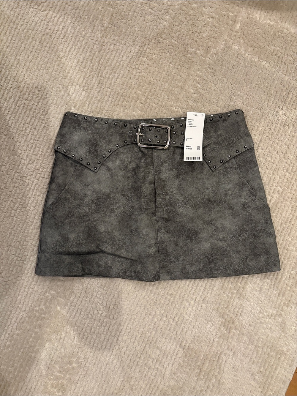 Studded Faux-Suede Mini Skirt in Gray with Belt